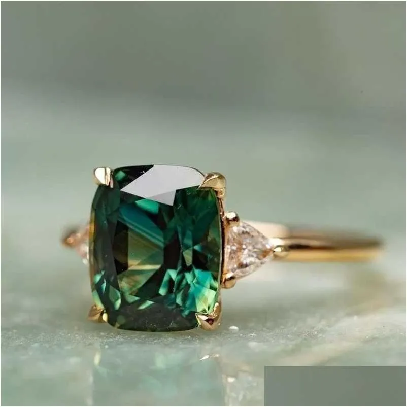 Anelli di banda Anello Bright Square Emerald Engagement Womens Gold Luxury Zircon Green Nove Day Gift Gioielli Delivery Delivery Delivery Dhysm Dhysm