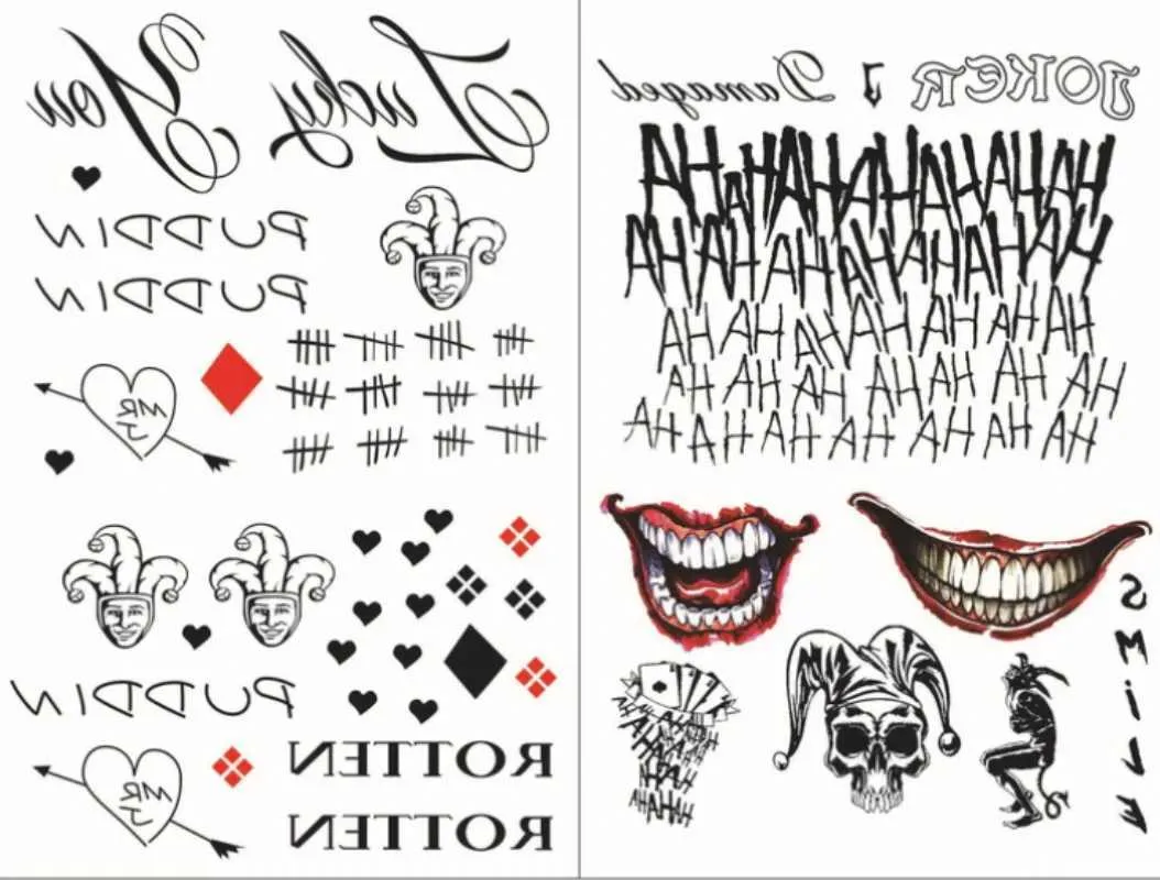 Tatuaż transfer 9 stylów Joker Tatoo Waterproof Fake Tattoo Stitto Sticker Halloween Suicide Squad Tymczasowy tatuaż horror dostarcza nowe 240427