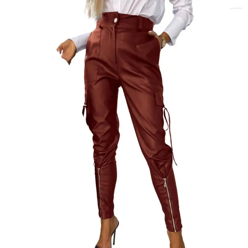 Pantalon féminin Femmes bouclées hautes taille fausse crayon en cuir avec décoration de fermeture éclair multiples pour un pantalon long ajustement slim