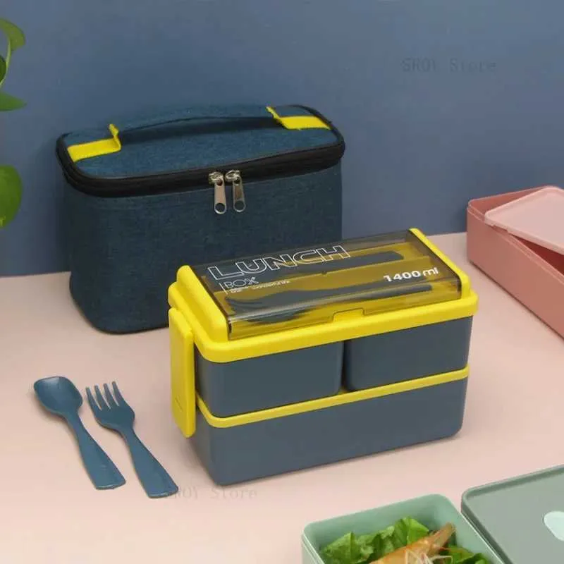 Bento Boxen doppelt geschichtete tragbare Lunchbox mit Gabel- und Löffel Mikrowellen -Besteck von Nahrungsaufbewahrungsbehälter Q240427