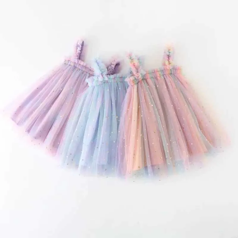 Meisjesjurken Baby Girl Dress Rainbow Kleurrijke Zomer geplooide peuter Kinderen Suspenders Draai Baby Tutu -jurken Kinderen Verjaardagsprinsesjurk