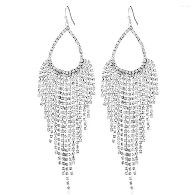 Stud Earrings Women Elegant Sparkling Clear Full Rhinestone Waterfall Shape Pendants Dangling Long Earring