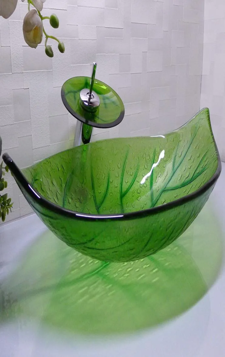Bathroom tempered glass sink handcraft counter top leafshaped basin wash basins cloakroom shampoo vessel HX0157901196