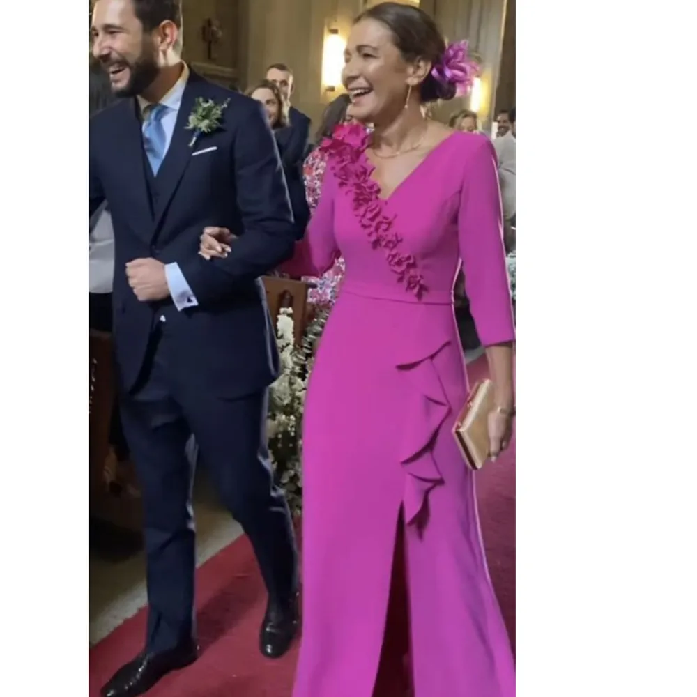 Elegant Fuchsia Mother of the Bride hot pink prom dress with 3D Floral Appliques, V-neck, Side Split, Satin Fabric - Perfect for Wedding Guests, Groom