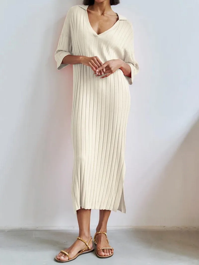 2024 Trendy Ribbed Midi Dress for Women - Half Sleeve, Collared V-Neck, Knit, Loose Fit, Solid Color, Side Slit Sweater - Perfect for Parties and