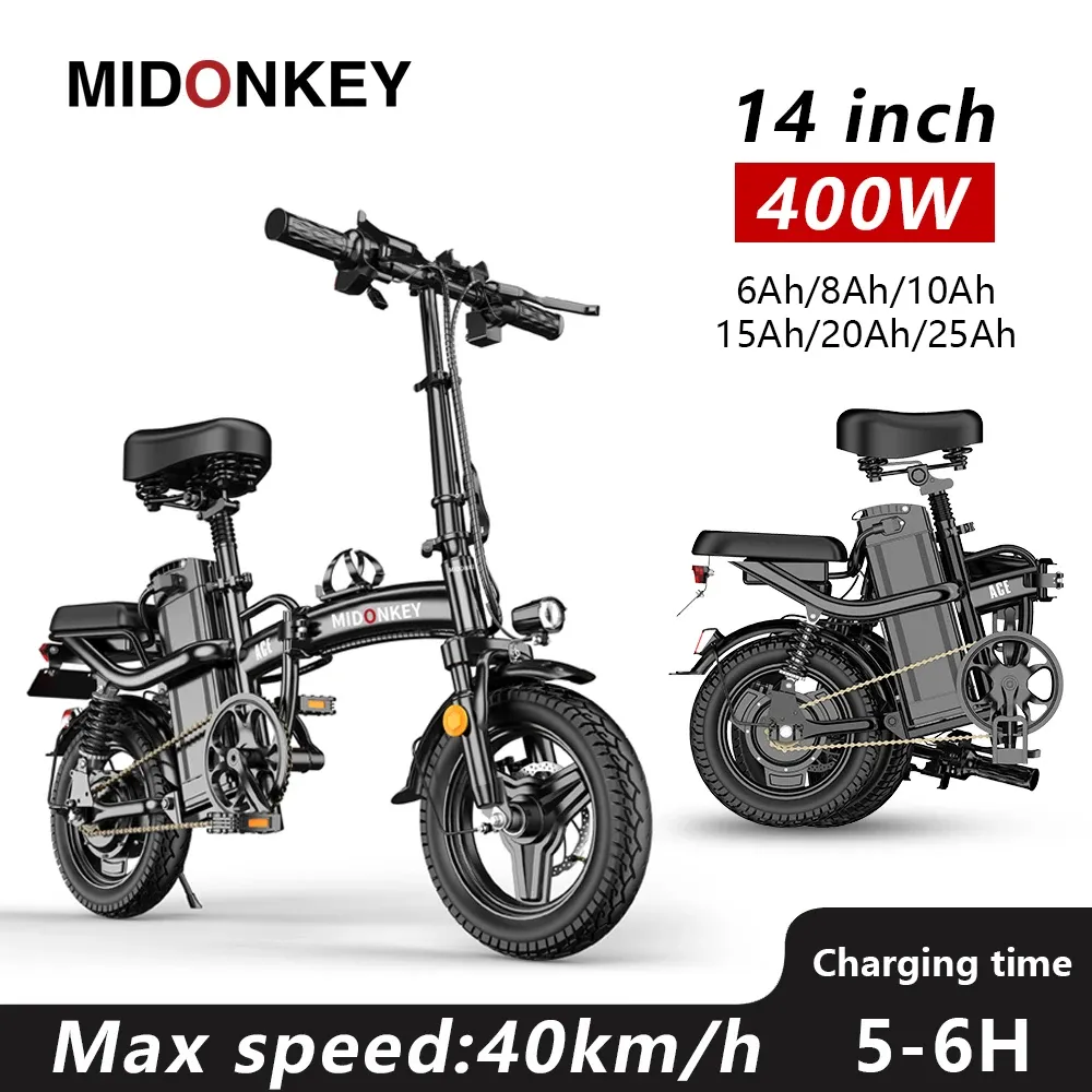 Fiets Midonkey Optioneel 48V Lithium -batterij 400W Koolstofstalen frame Elektrische fiets Oplaadbare vouwbare elektrische stadsfiets