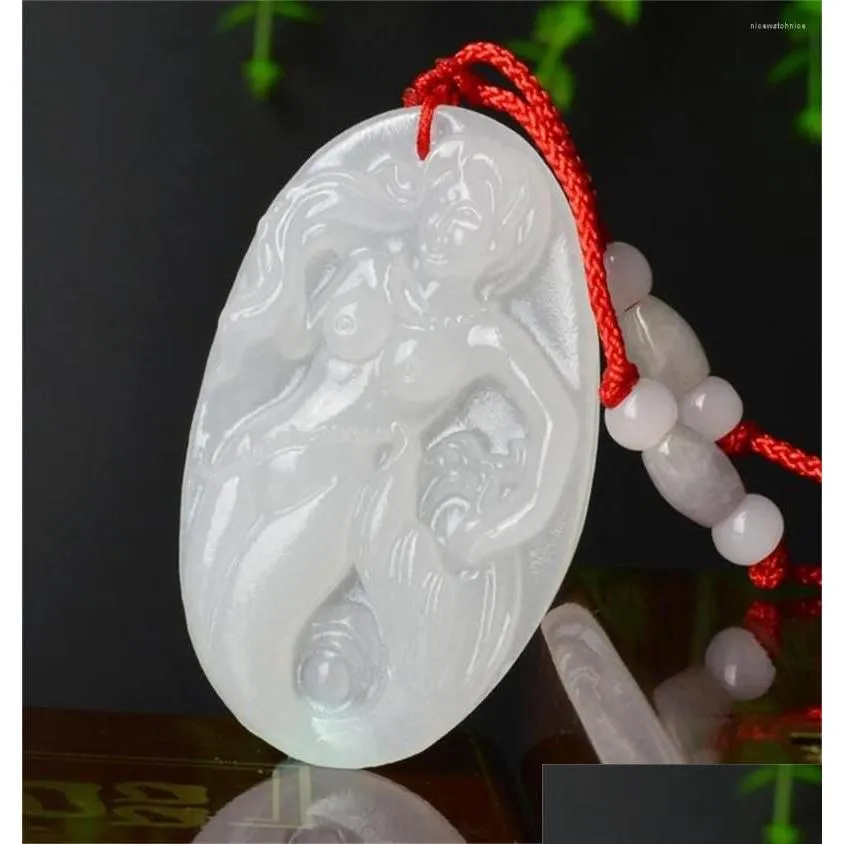 Colares pendentes chineses feitos artesanais brancos naturais charme esculpido de sereia nua jade jade amet colar de moda grow de dhuy1