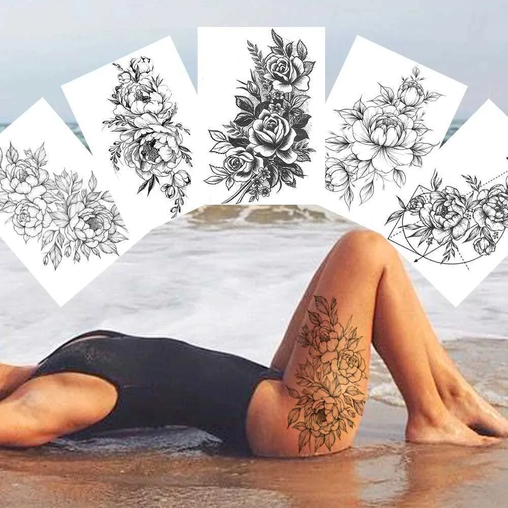 Tatuagem Transferência de flores sexy Tatuagens temporárias para mulheres Pintura corporal Pintura de braço de braço Tattoos adesivo realista FALSO Black Rose Tatuagens à prova d'água 240427