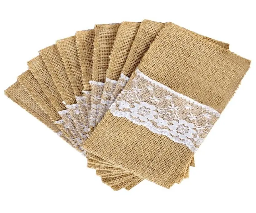 New Design 100Pcs Lot Burlap Cutlery Holder Vintage Shabby Chic Jute Lace Tableware Pouch Packaging Fork Knife Pocket Home Texti1025795