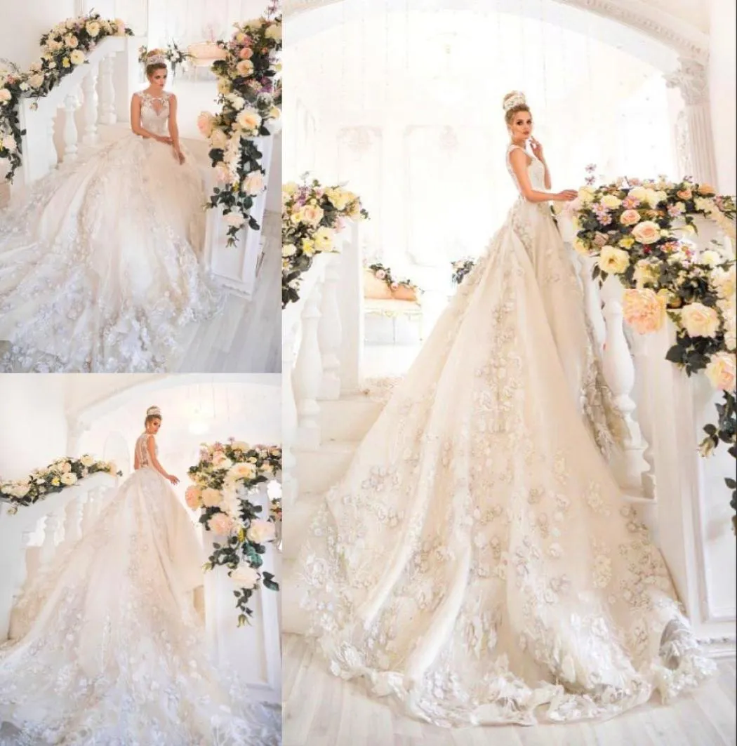 Arabie saoudite 3d Appliques florales robes de mariée de mariée en dentelle de bijou perlé applique robe de mariage Dubaï Princesse Fancy Tulle Long Wedd2515766