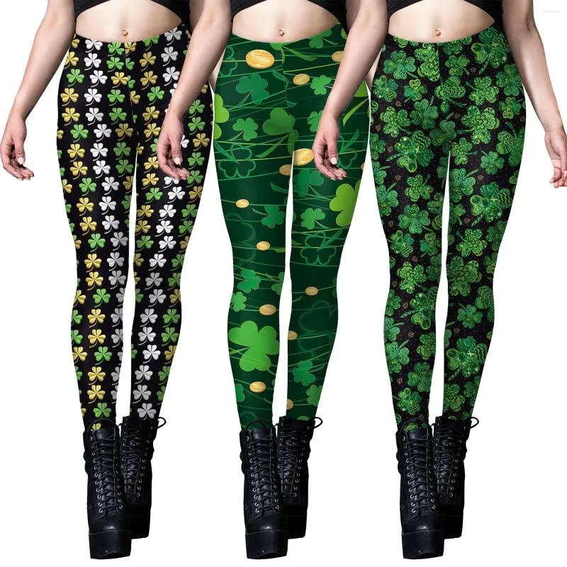 Frauen-Leggings Frauen trainieren Irish-Festival Cartoon Digitale Druckklee Farbblockhosen Stretch-Strumpfhosen Partyhosen