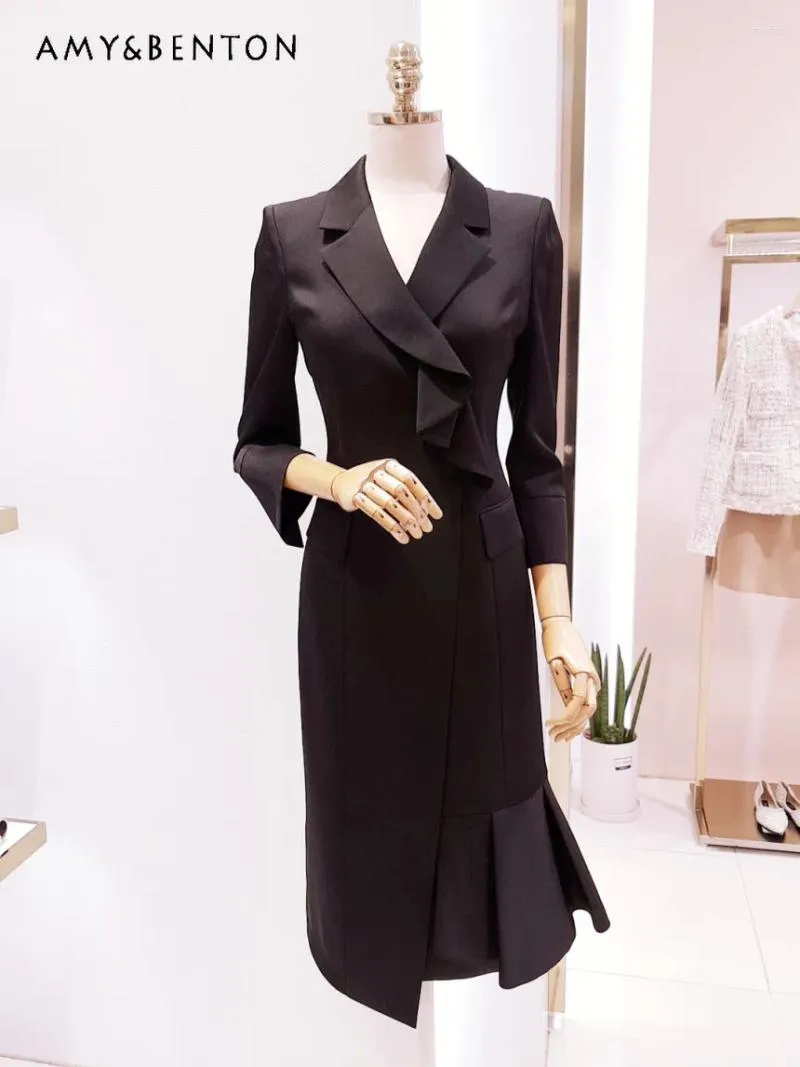 Abiti per feste per pendolarismo Fashion Suit Collar Slip Abito Business Abite irregolare Midi arruffato per donne eleganti abiti da lavoro socialite