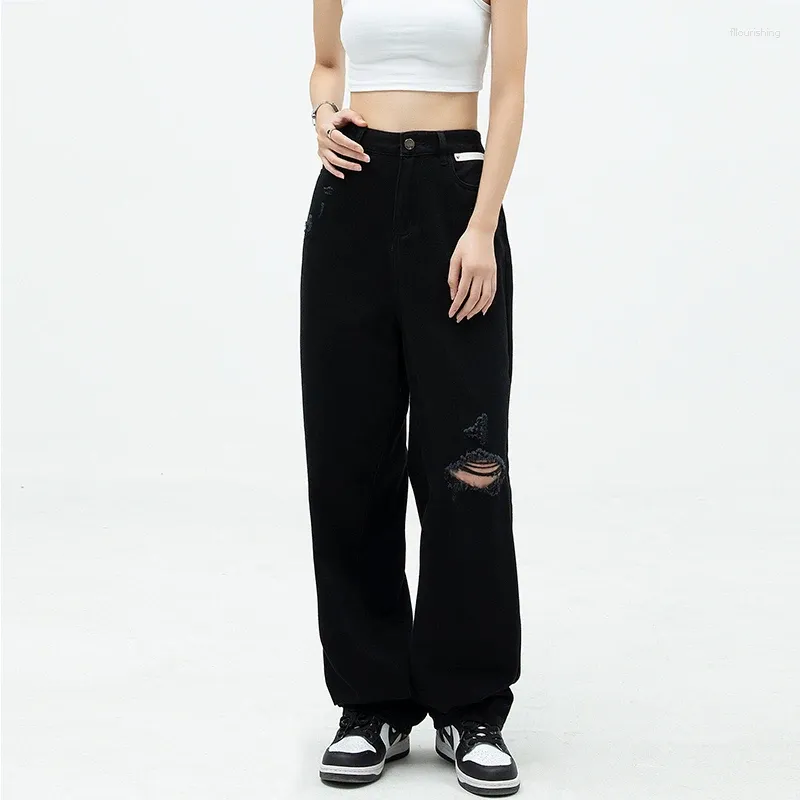 Women's Jeans Black Summer Casual Thin Ripped Fashion High Waist Baggy Straight Pants Lazy Wind Street Wide Leg Mopping Denim Trouser