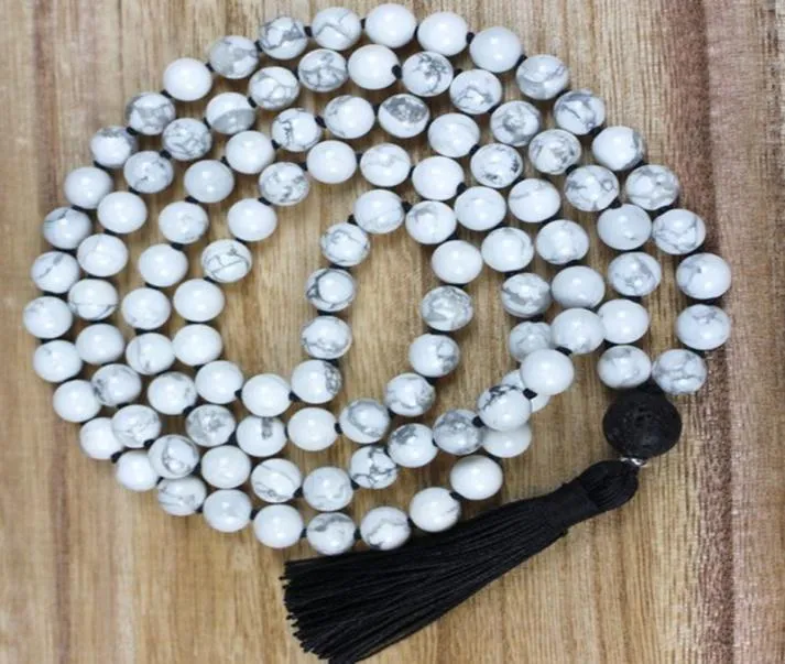 108 Collier de mala noué Hurlite Perle pendentielle en pierre avec collier de gland noir