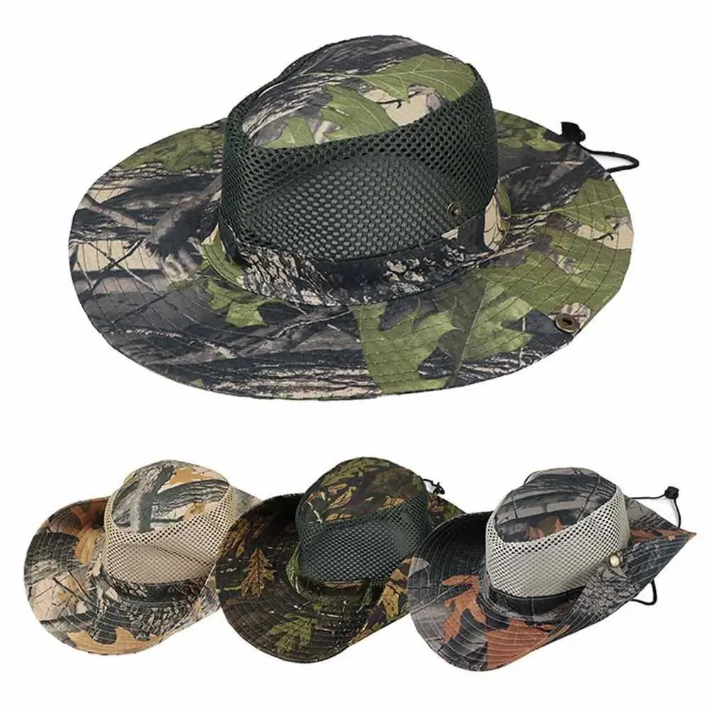 Wide Brim Hats Bucket Outdoor Sunhat Hunting Fishing Hat Sun Mesh Breathable Camo Foil Mens Q240427