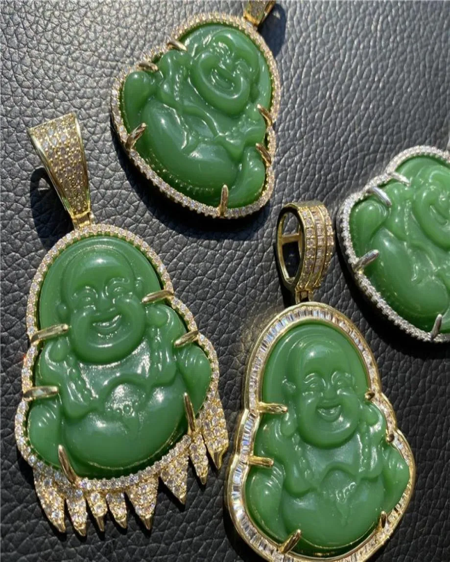 Hip Hop Iced Out Chain Laughing Buddha Green Jade Pendant Necklace Gold Silver Plated Lab Simulated Diamonds Cz Jewelry5892989