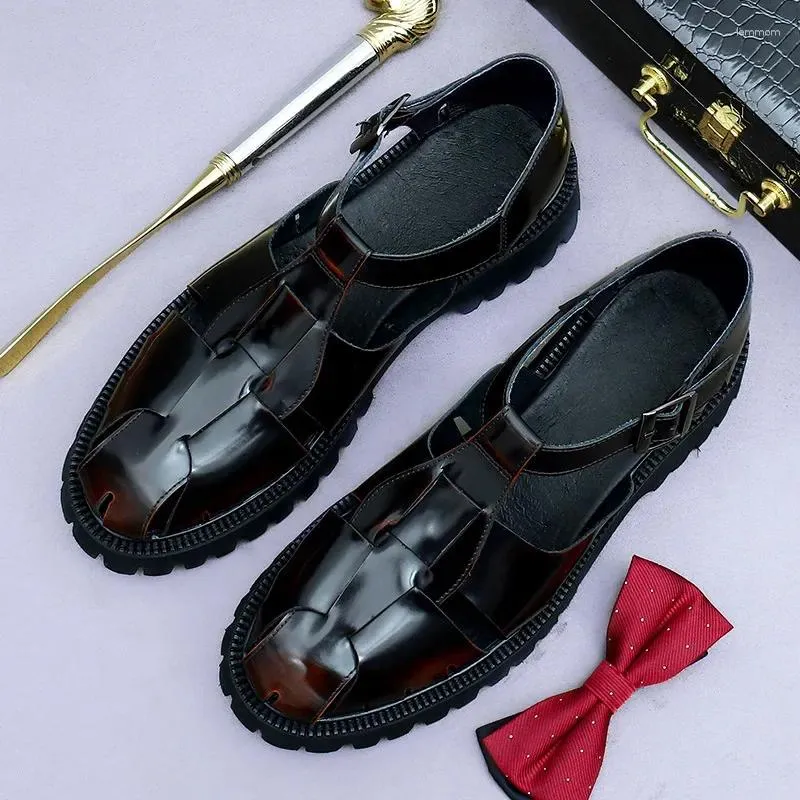 Sandales Italian Mens Business Luxury Geatine Leather Elegant Hollow Plateforme 4,5 cm Talons Patent Summer Social Shoes Man