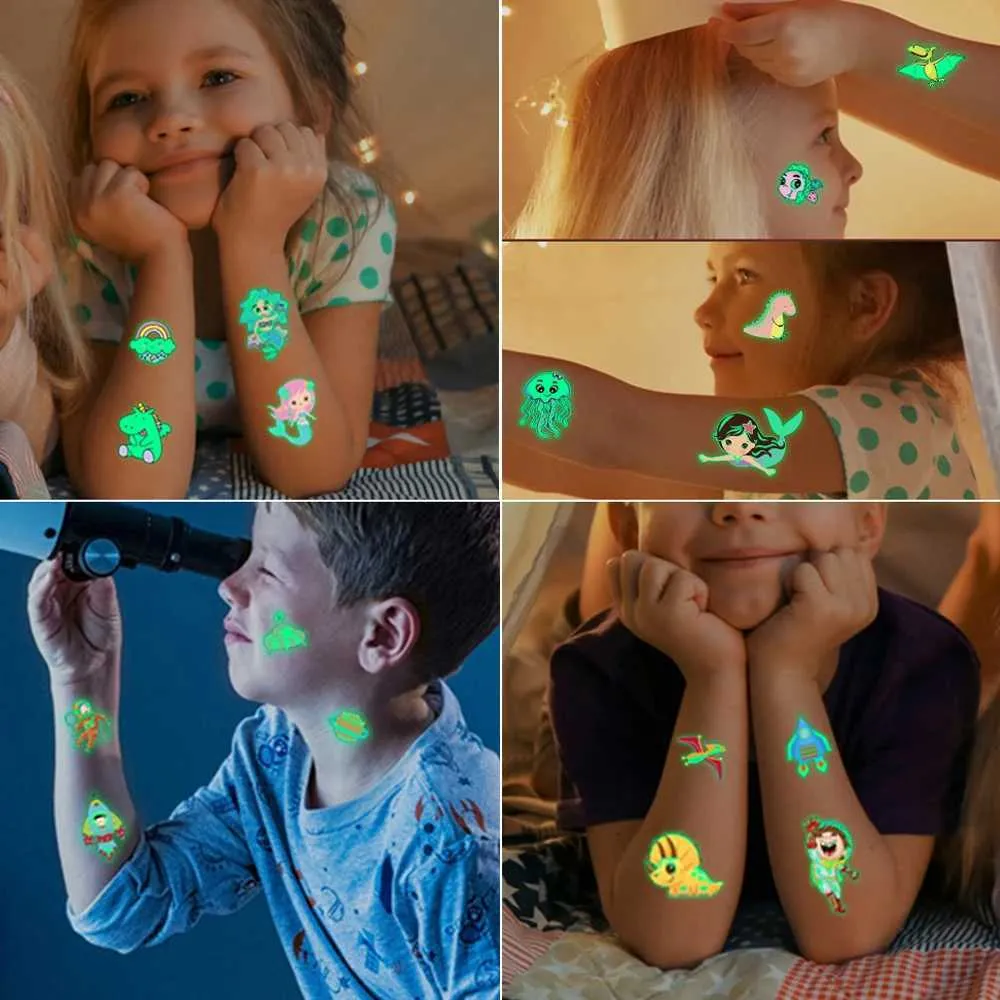 SB96 Tattoo Transfer 5pcs/lot Luminous Tattoo Face Temporary Color Unicorn Mermaid Dinosaur Tattoo Child Cute Tattoo Sticker Body Tattoo for Kids 240427