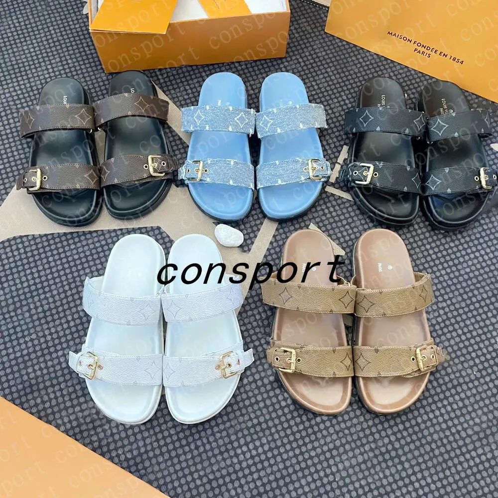 Sandaler Designers Sliders Bom Dia Sandale äkta läder Sandal Womans Mens Tisters Casual Shoes Summer Beach Sandale Gladiator Mules Hasp Ny Flat Slide 35-45