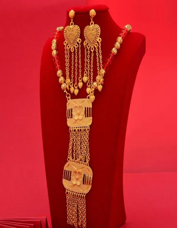 Brincos Colar 24K Gold Bated Luxury Dubai Jewelry Conjuntos de joias de casamentos africanos Conjunto de jóias de noiva para Women9028299