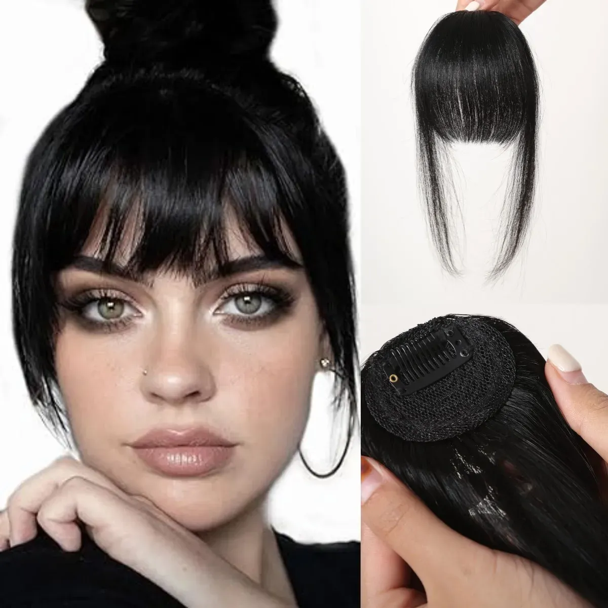 Franges réelles cheveux humains Clip au-dessus de la tête en frange avec des cheveux pour femmes Extensions de cheveux pour usure quotidienne Black Human frange