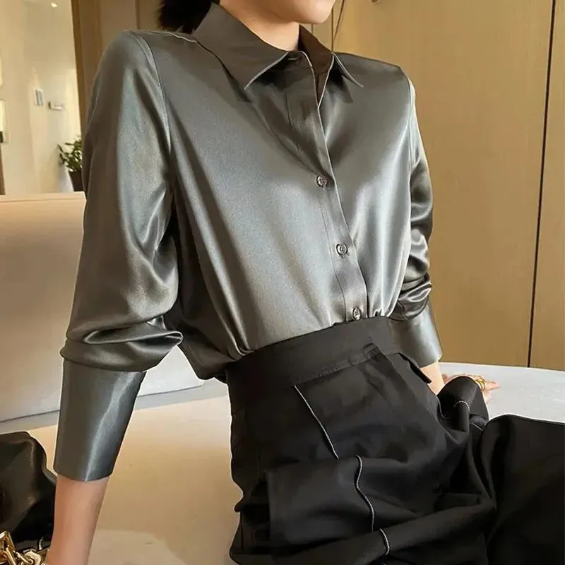 Lucyever Korean Fake Silk Satin Shirts Ladies High Quality Turndown Collar Office Satin Blouse Spring Long Sleeve Blusa 240426