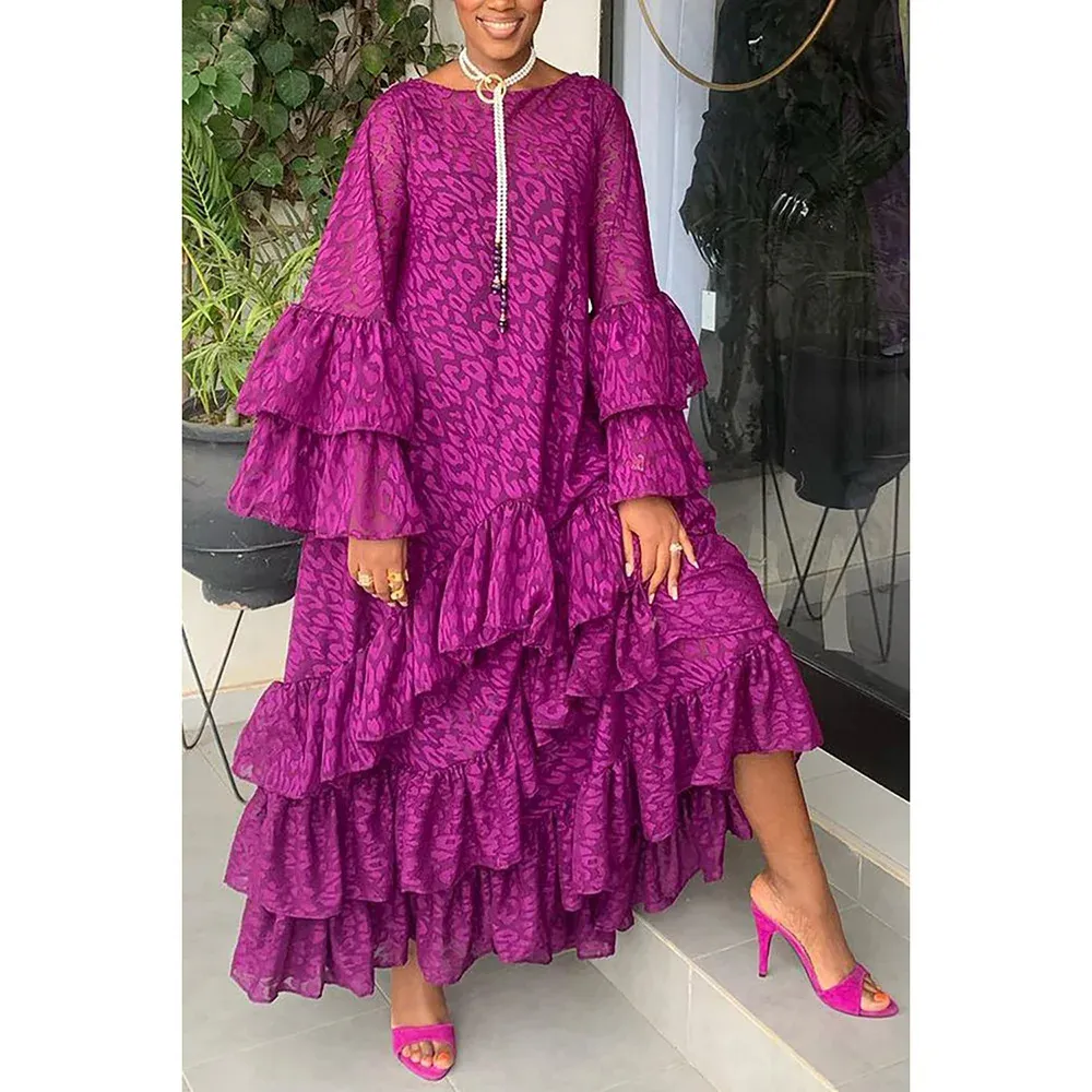 Robe décontractée plus taille Fuchsia Ruffle Print Sleeve Maxi 240412