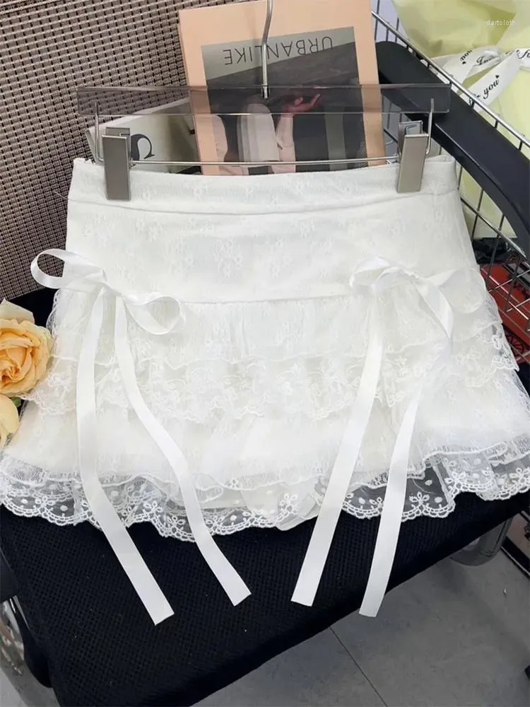 Rokken Japanse preppy stijl zoete mini mori meisje witte kawaii boog hoge taille kant a-line rok streetwear gyaru lente zomer