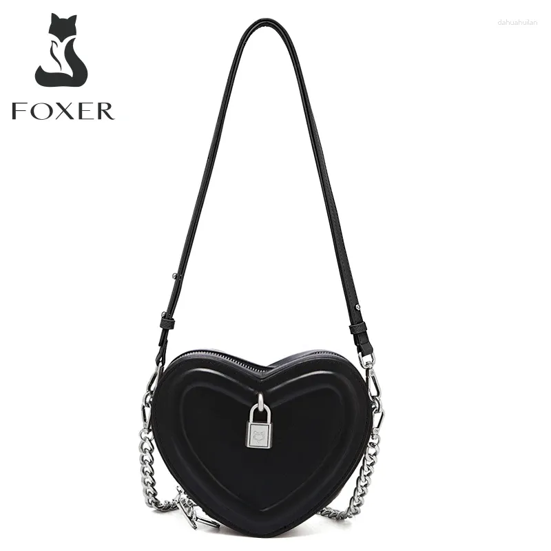 Evening Bags FOXER 2024 Brand Design Split Leather Red Crossbody Bag Lady Fashion Women Chain Handbag Heart Zipper Shoulder With 2 Straps