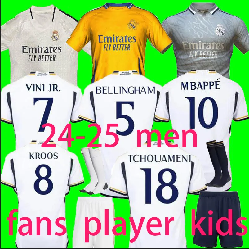 جديد 2024 2025 Real Madrids Bellingham Vini Jr Soccer Jerseys Kids Kits Kits 24 25 Mens Kids Football Jersey Shirt Camiseta Futbol Maillot Foot