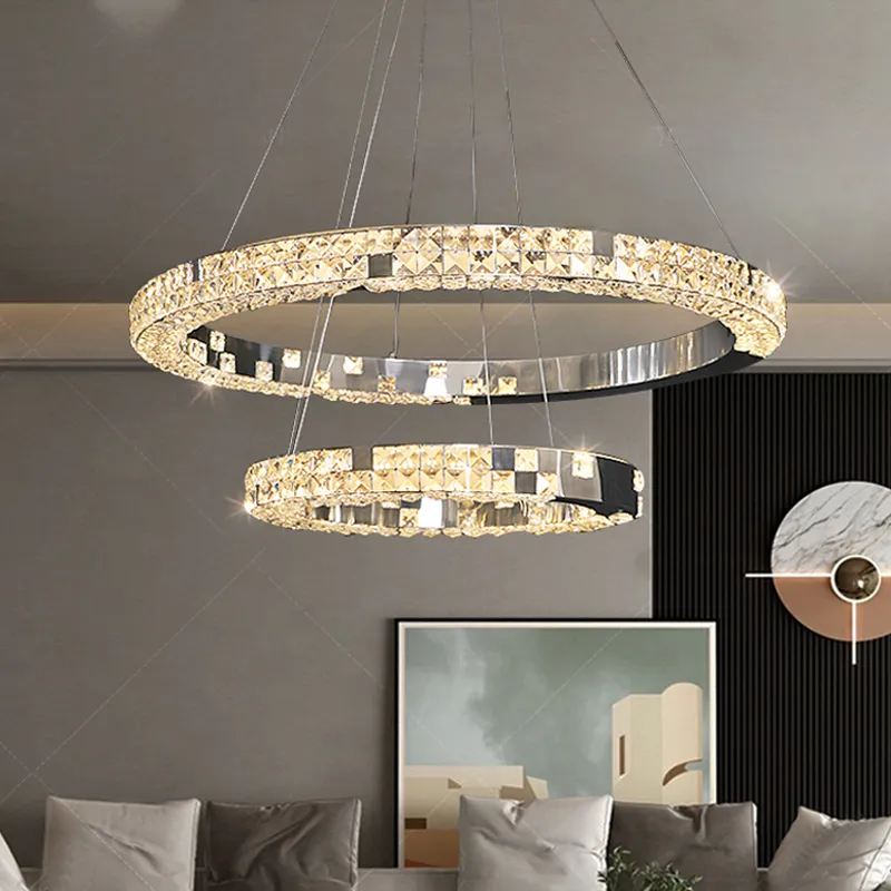 Modern Luxury Crystal Pinging Lights Bedroom Dinning Sala de estar Teto Candelie Sala de iluminação Decoração Lâmpadas de anel led de ouro