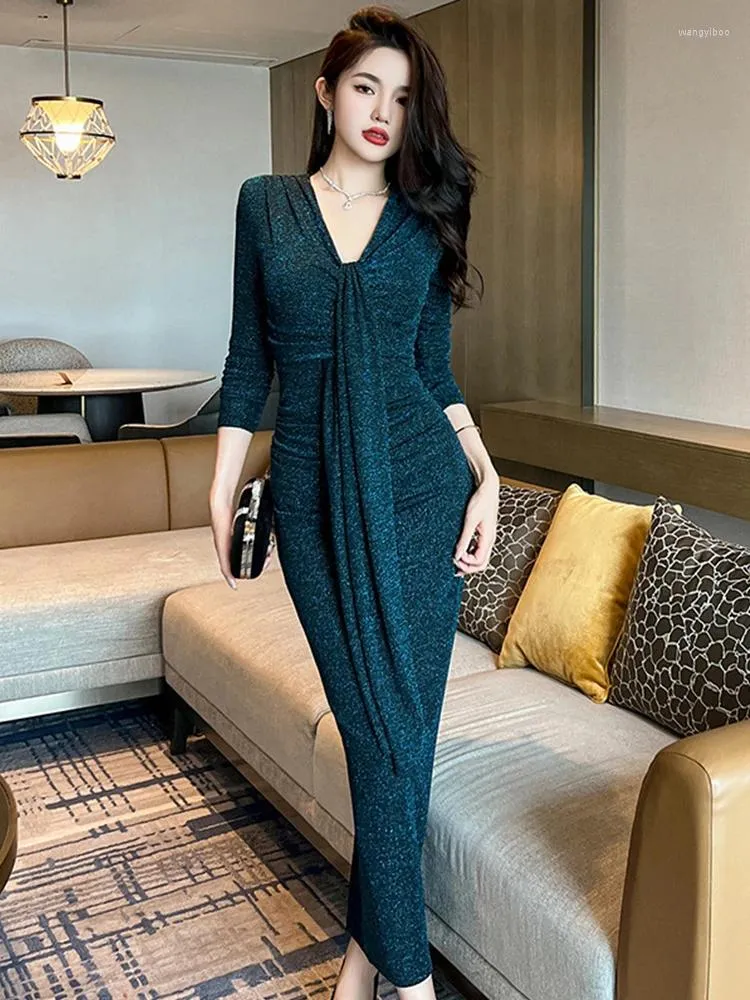 Abiti casual Fashion Spring Autumn glitter Shiny Long Dress Long Ladies Women Elegant-Neck Bodycon Robe Mujer Vestido Fiesta Elastici Abiti elastici