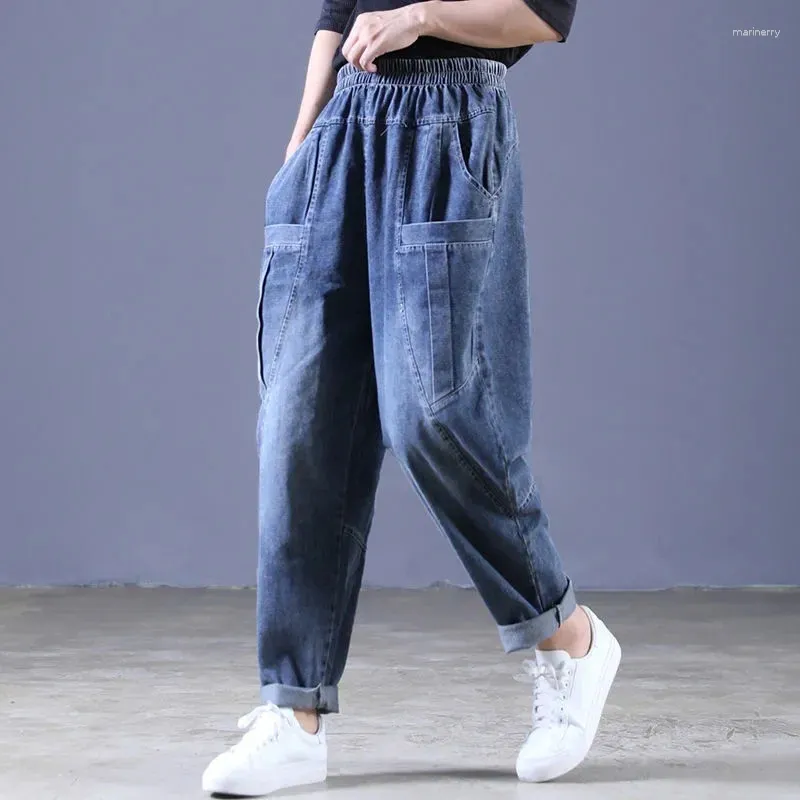 Dames jeans herfst denim harem broek vrouwen retro streetwear hoge taille vrouwelijke losse elastische casual broek 2024
