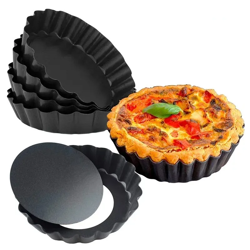 Uppsättning av 6 non-stick tart flan panformar runda 4 tum kolstålkakor bakform med avtagbara botten bakvaror verktyg