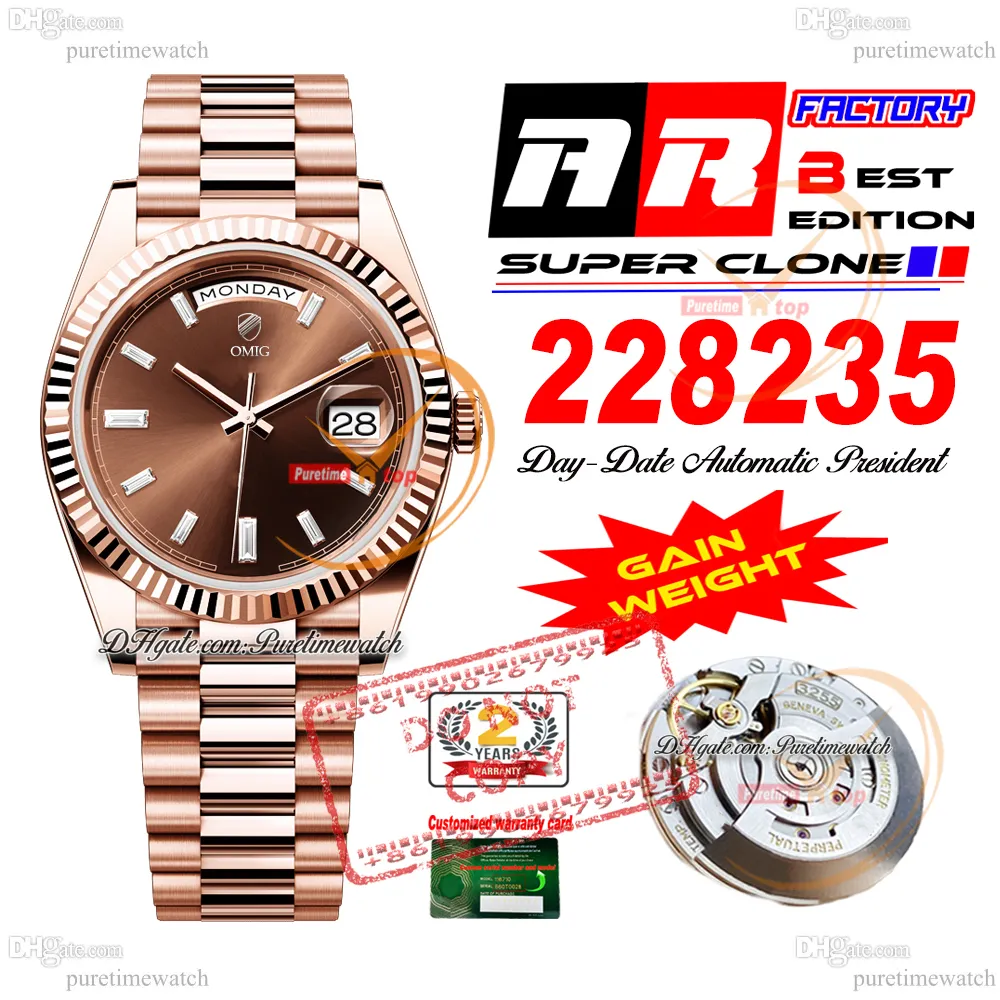 228238 Daydate VR3255 Automatic Mens Watch ARF V2 40 Rose Gold Brown Diamond Diamond 904L Bracelet Bracelet Super Edition Même carte de série Gain Weight Putetime F2