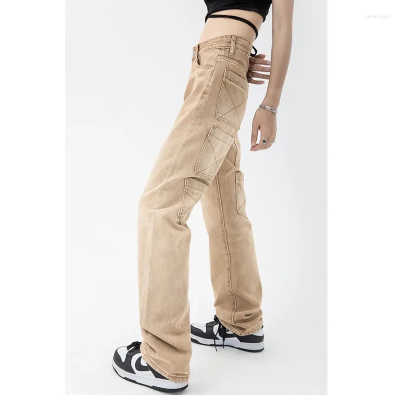 Women's Jeans Vintage Khaki Overalls Fashion Trousers Hip Hop High Waist Wide Leg Baggy Casual Cargo Straight Pants Streetwear