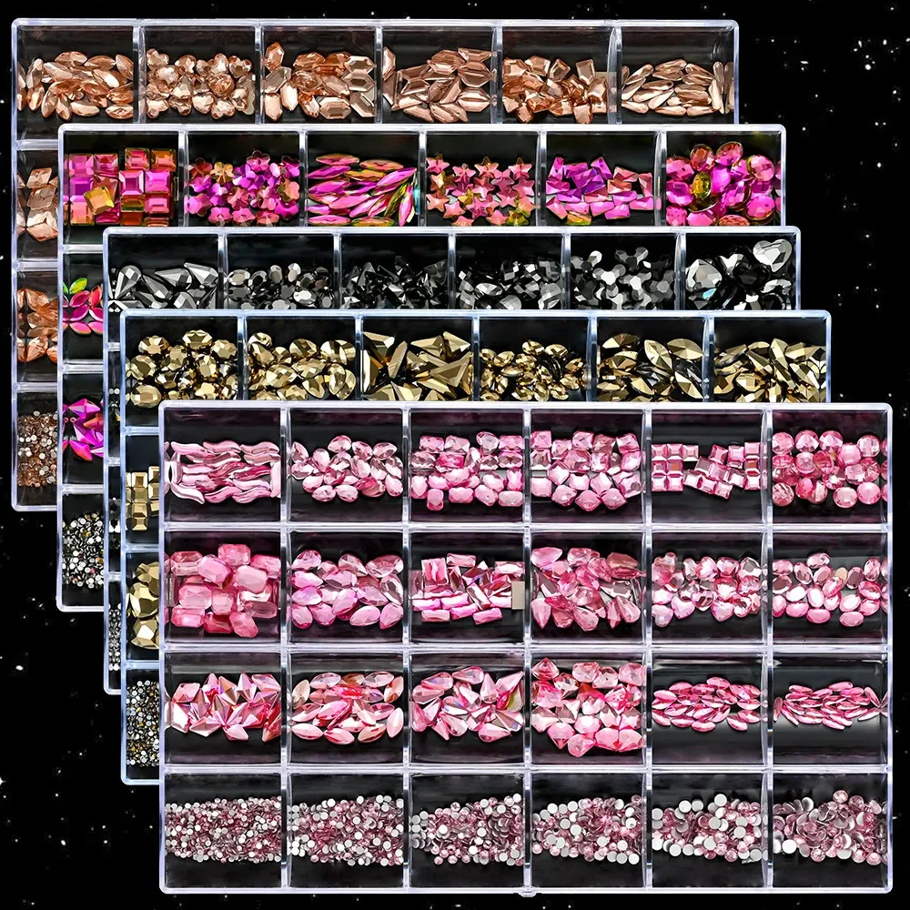 24 Grid Mix Pink Champagne Crystal Paznokcie Rhinestones Flatback Luksus Diamond Gems 3D Glass Charms for DIY Paznokcie dekoracje dzieła sztuki 240415