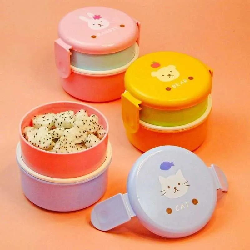 Bento Boîtes 540 ml Animal Boîte à lunch Japonais Double couches circulaires Mini Childrens Fruit Snack Micro-ondes Q240427