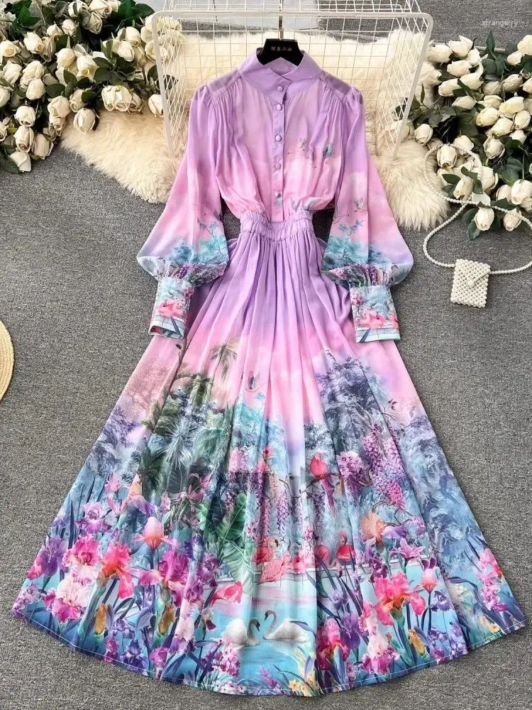 Lässige Kleider Frühlings Sommer Blumendruck Lavendel Chiffon Kleid Frauenständer lang Laternenhülle Single Breasted Holiday Faltenrobe