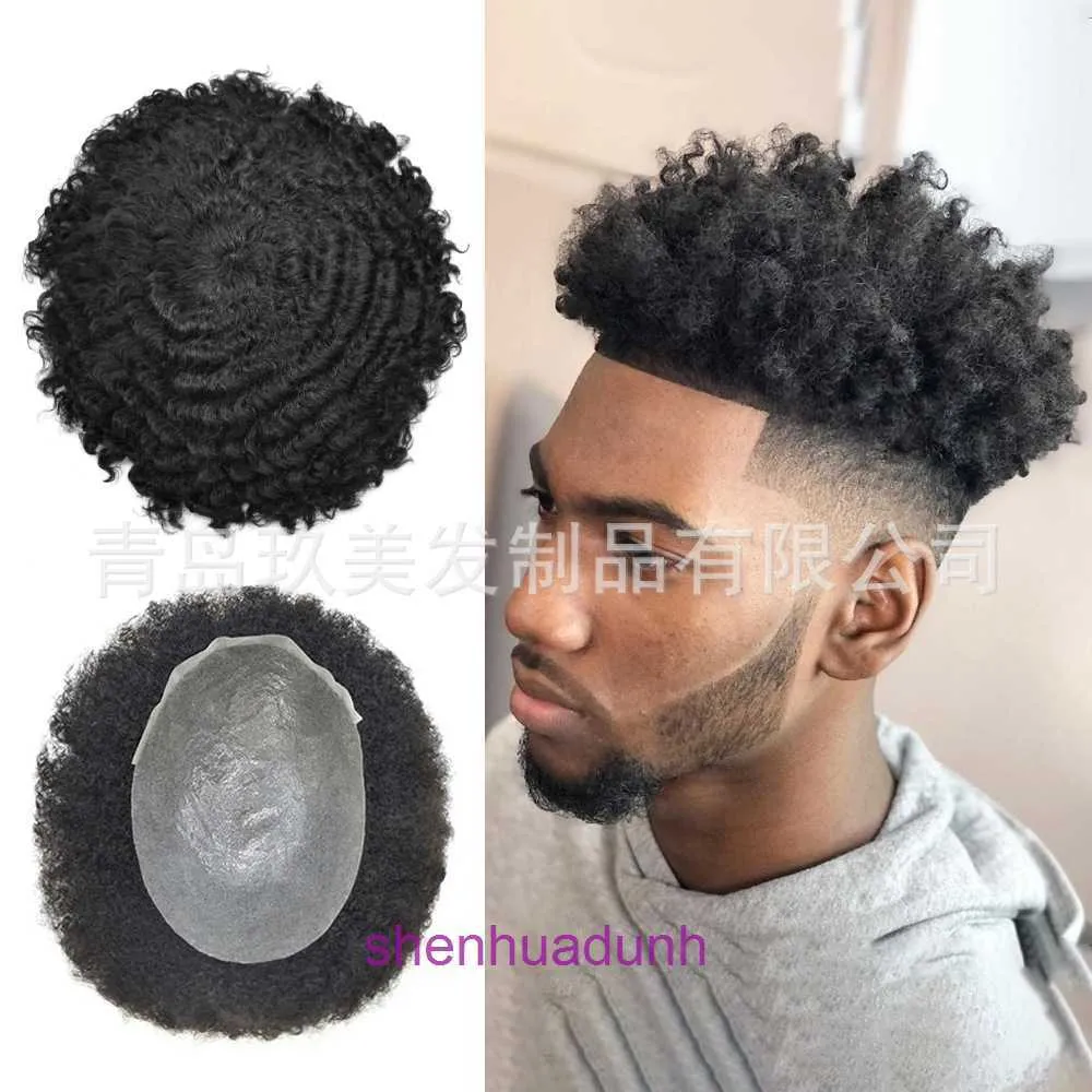 Qu mens perruque v-aiedle extra mince pu noire cheveux bouclés réel humain