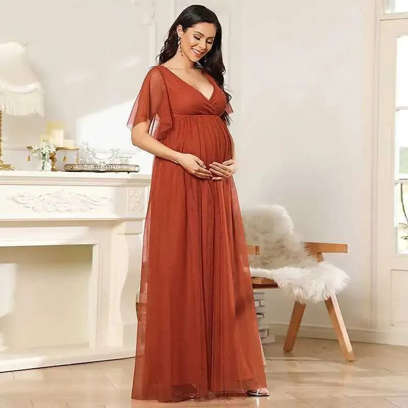 Robes de maternité Elegant Robe Evening V-Neck Solid Ball Baby Shower Mom Photography Q240427
