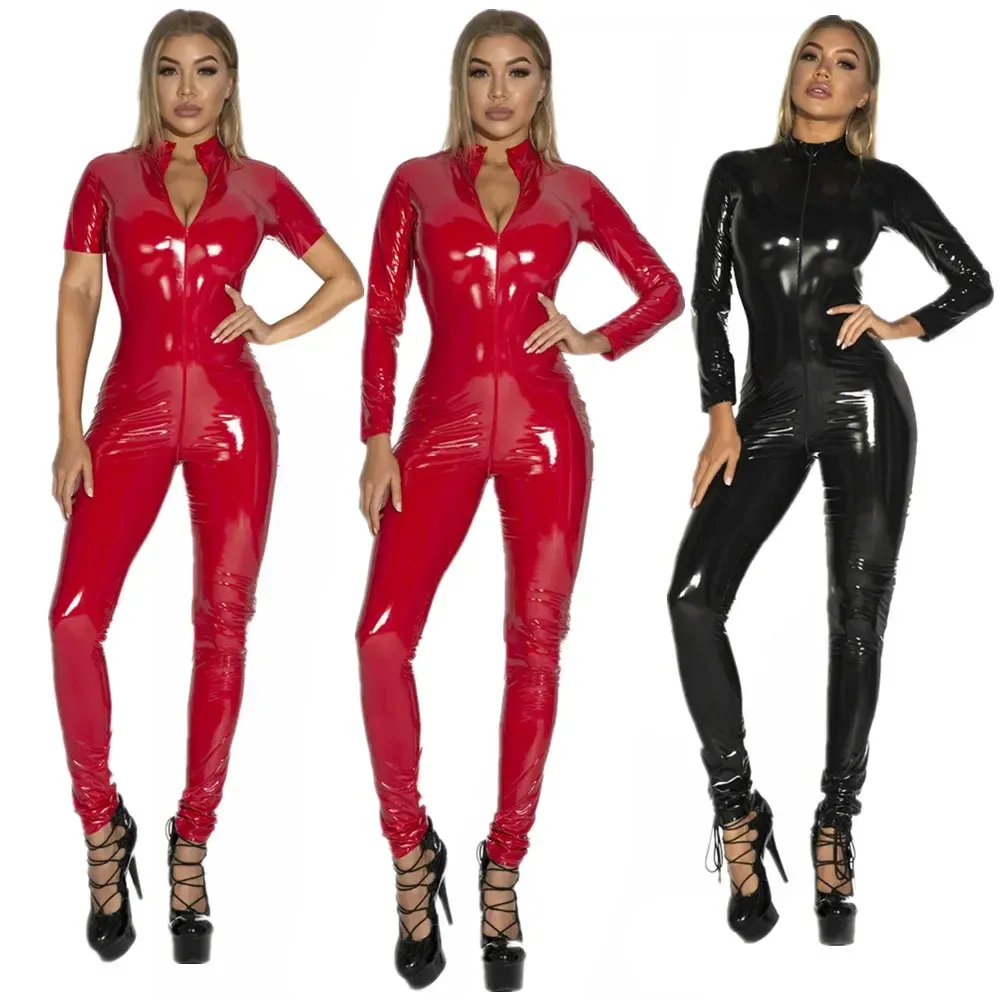 Pyjamas Plus Size S5xl Women Sexig Shiny Latex CatSuit dragkedja Öppen Crotch Wetlook PVC Bodysuit Faux Leather Jumpsuit Clubwear Costume