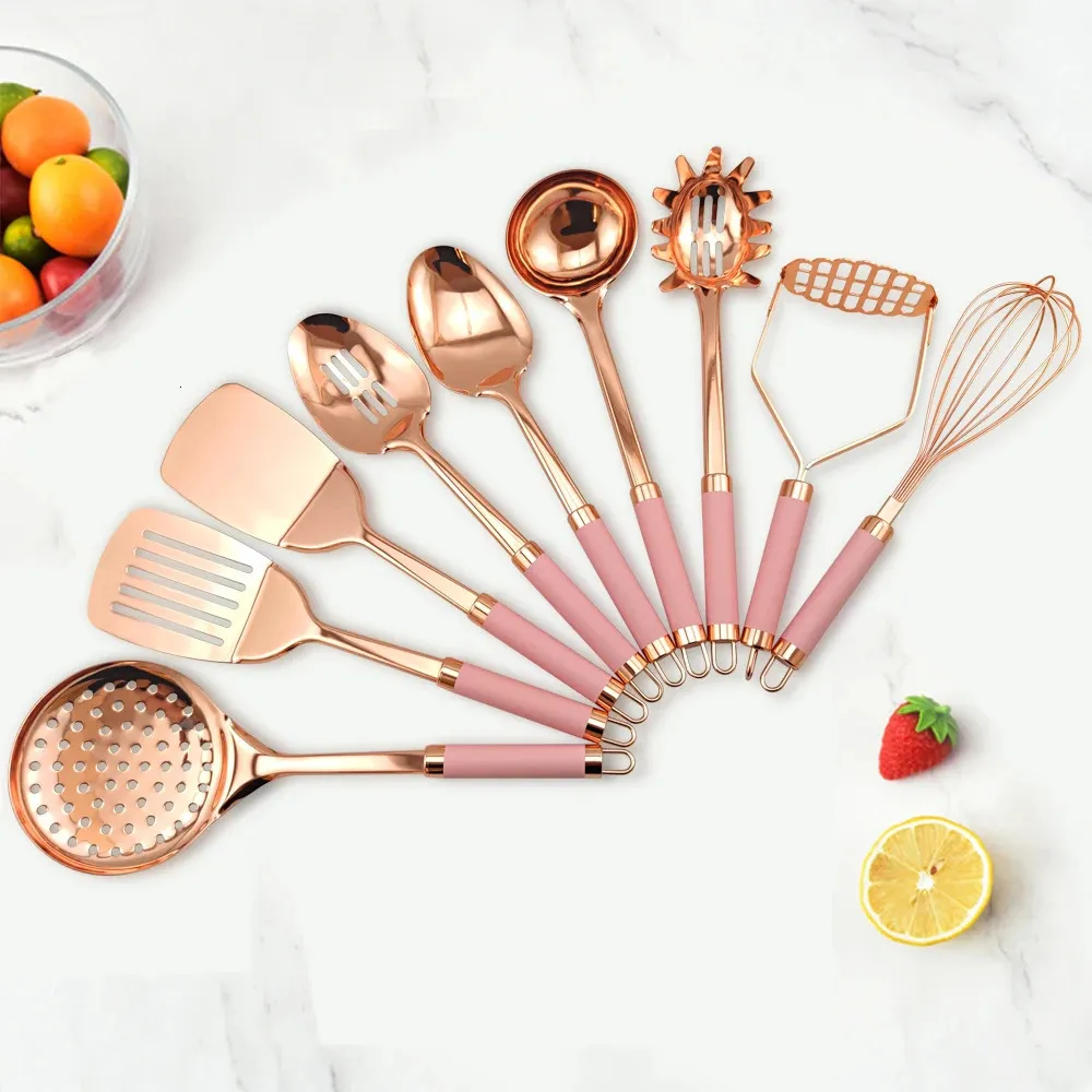 Rostfritt stål Kök Köksredskap 9 Piece Copper Plating Cooking Tousil Set Kitchen Gadgets Köksverktyg Set Pink 240420