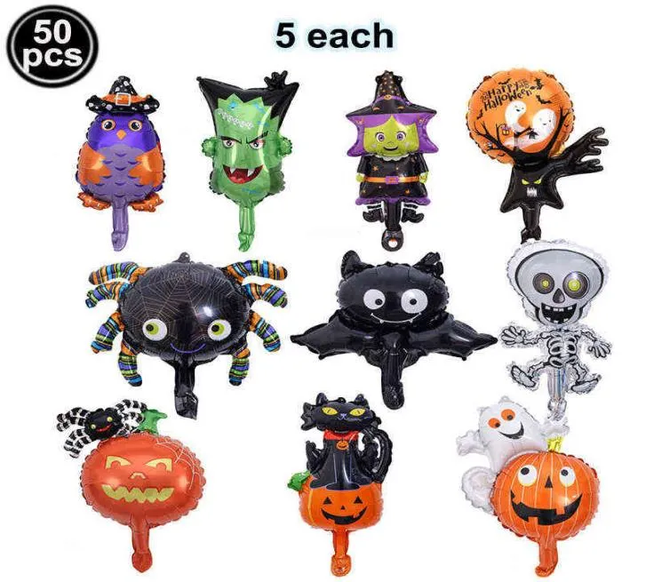 50pcs Mini Halloween Foil Balloons Witch Ghost Owl Wizard Pumpkin Spider Monster Ghost Tree Mini Balloon Halloween Party Decors L26590357