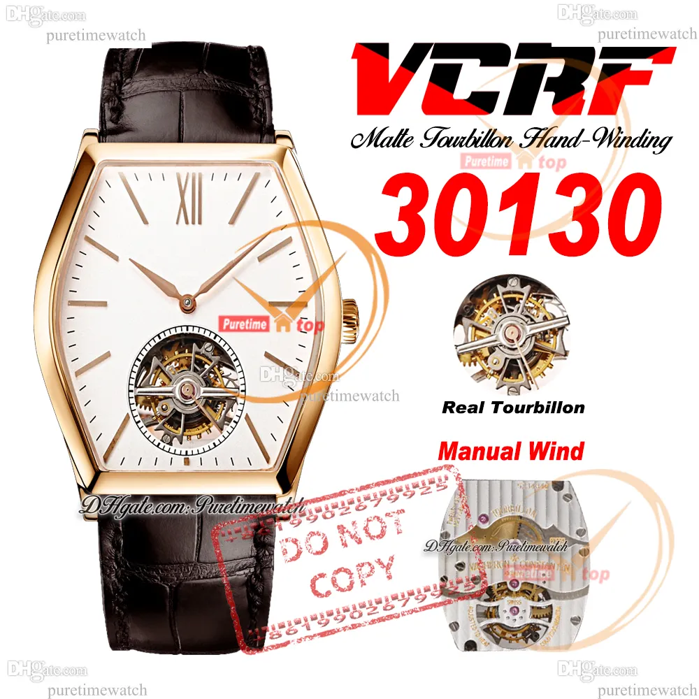 30130 MALTE Real Tourbillon ręcznie Winding Mechanical Mens Watch Rose Gold Case White Stick Dial Brązowy skórzany pasek Super Edition RELOJ HOMBRE Montre PuretimeWatch