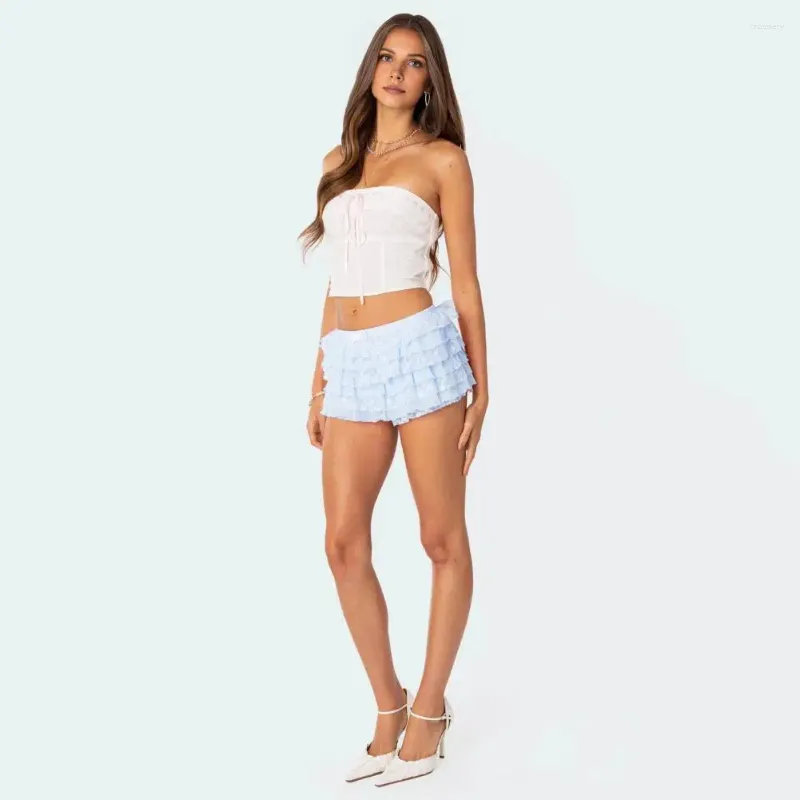 Short féminin en dentelle mini culottes élégantes pour femmes jupe lolita à plusieurs couches avec plage de vacances à ceinture élastique