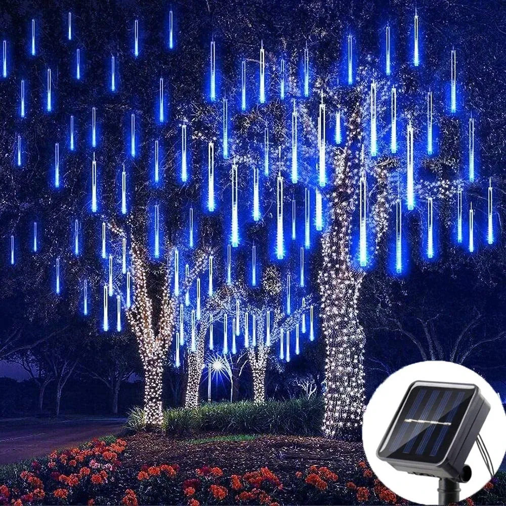 Decoraciones Led Solar LED MeteorLas luces de lluvia Luces de cuerda de vacaciones Luz de jardín impermeable 8 Tubos 144 LED Decoración de bodas de Navidad