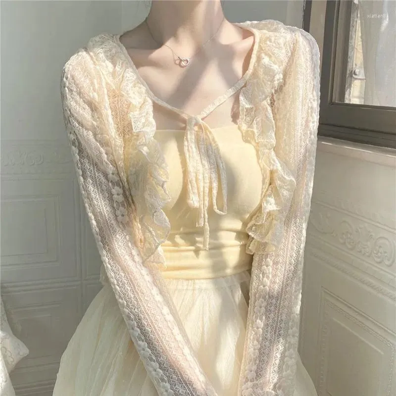 Women's Blouses Fairy Summer Lace Shirt Boho Style Thin See-through Long Sleeved Crop Tops Suspender Dress Matching Sheer Shawl Cardigan