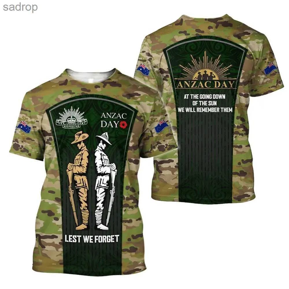 Camisetas masculinas 2024 Novo masculino 3d camiseta anzac dia gráfico camuflado de retalhos de retalhos Top Top Pull Out Fashionable Mens T-shirtxw