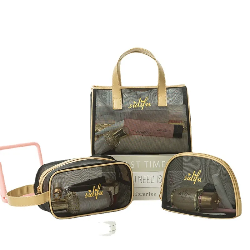 Hot Selling Mesh Handbag Wash Makeup Travel Storage Bag Transparent Bath And Swim Bag Mesh Breathable Three-piece Set